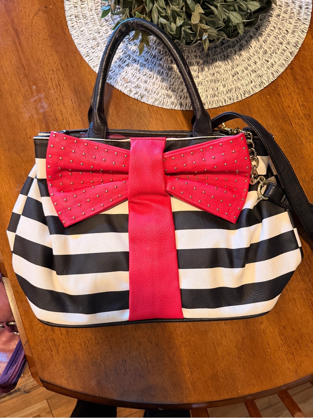 Betsey Johnson Black & White Striped Shoulder Bag with Red Bow